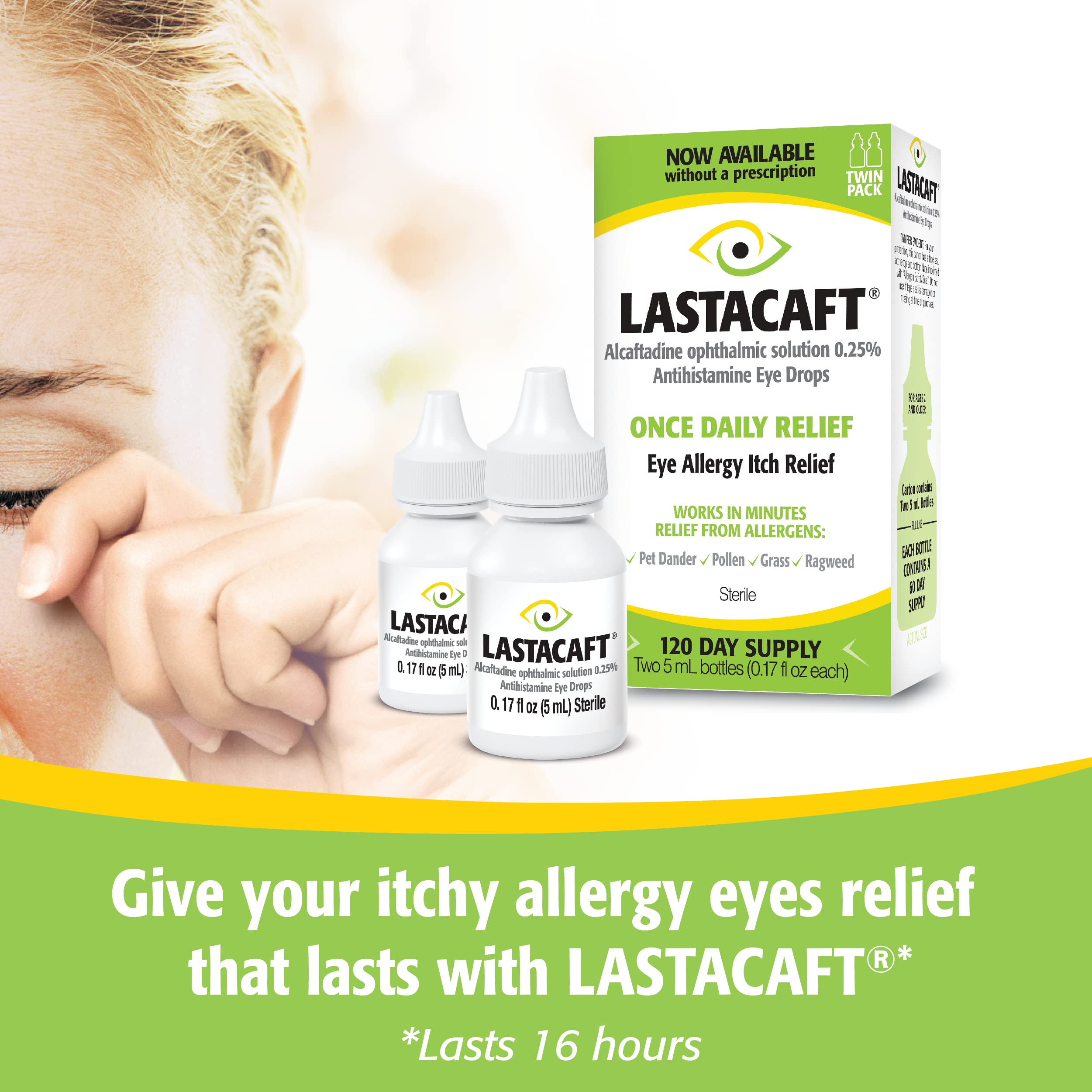 Lastacaft alcaftadine ophthalmic solution zero point twenty five percent twin pack bottles for seasonal allergy defense