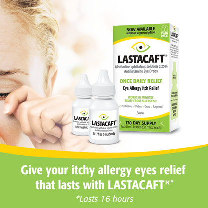 Lastacaft alcaftadine ophthalmic solution zero point twenty five percent twin pack bottles for seasonal allergy defense
