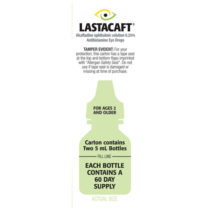Authentic USA imported Lastacaft eye drops twin pack packaging highlighting twenty four hour itch relief formula