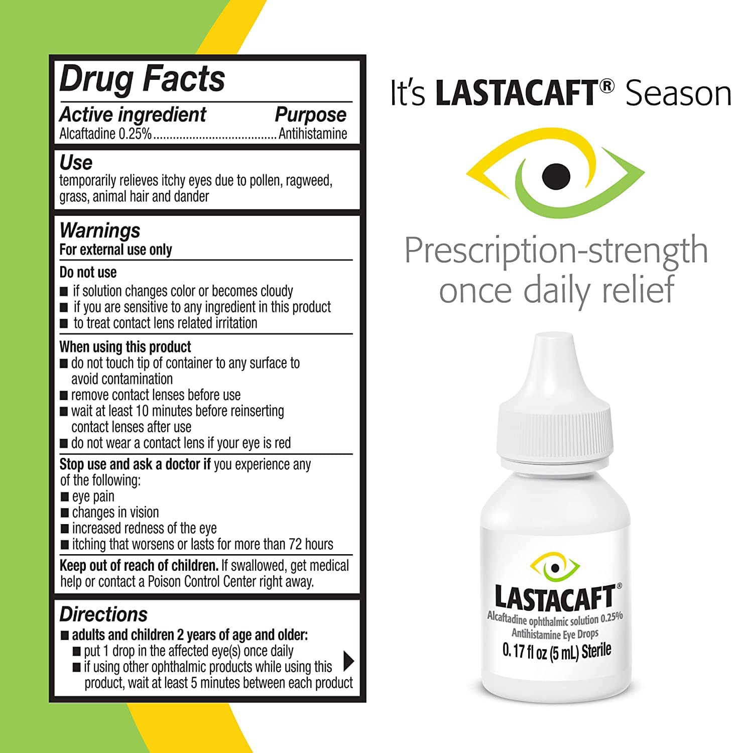 Lastacaft 5ml bottle with 0.25 percent alcaftadine solution for 24 hour eye comfort.
