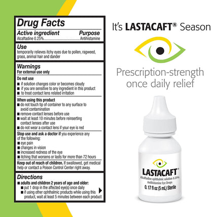 Lastacaft 5ml bottle with 0.25 percent alcaftadine solution for 24 hour eye comfort.