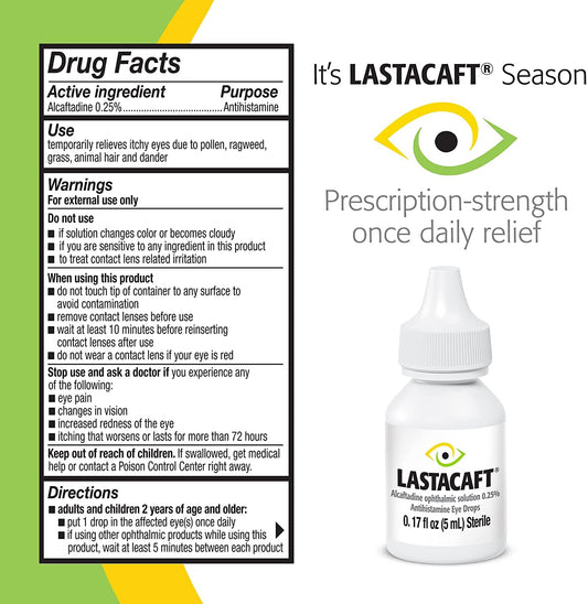 Lastacaft 5ml bottle with 0.25 percent alcaftadine solution for 24 hour eye comfort.