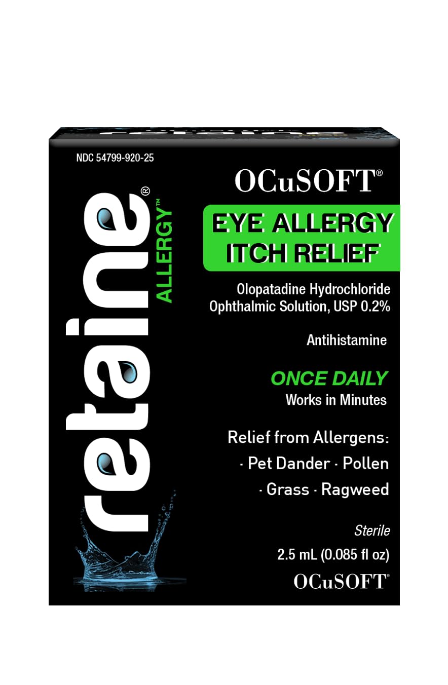 OCuSOFT Retaine Allergy antihistamine solution bottle showing olopatadine hydrochloride concentration.