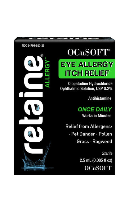 OCuSOFT Retaine Allergy antihistamine solution bottle showing olopatadine hydrochloride concentration.