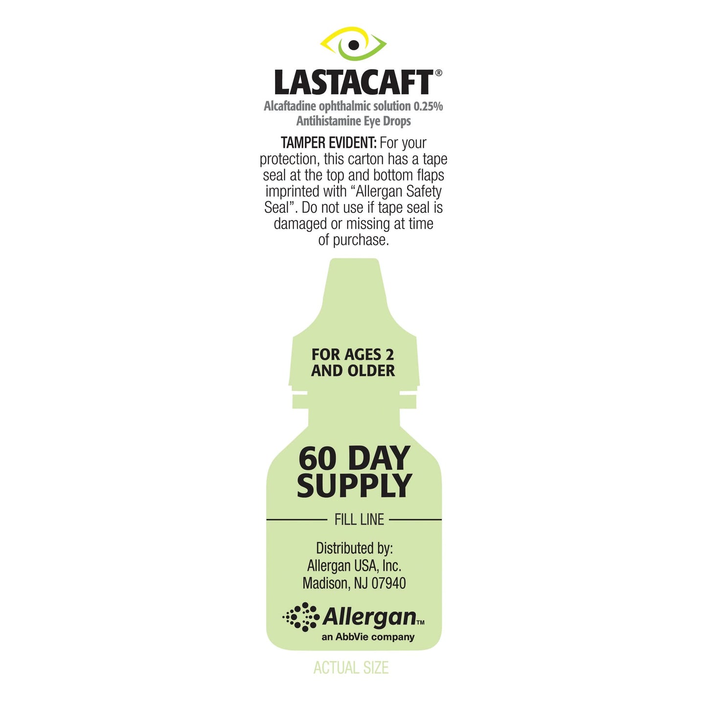Lastacaft eye drops box showing age recommendations for adults and children over two.