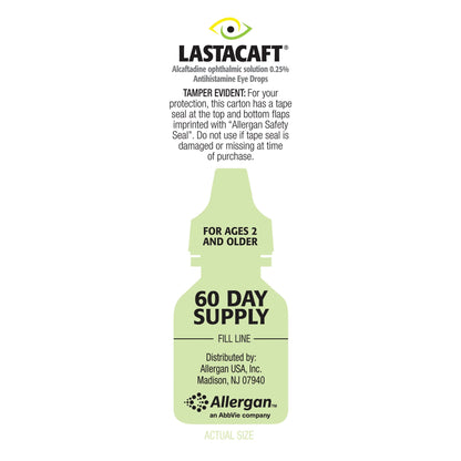 Lastacaft eye drops box showing age recommendations for adults and children over two.