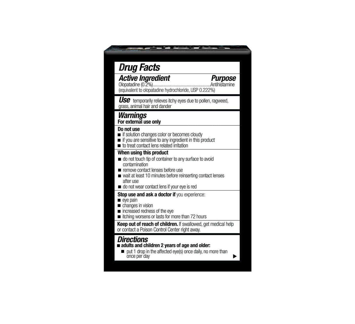 Side view of OCuSOFT Retaine Allergy eye drop box showing official ingredient list.