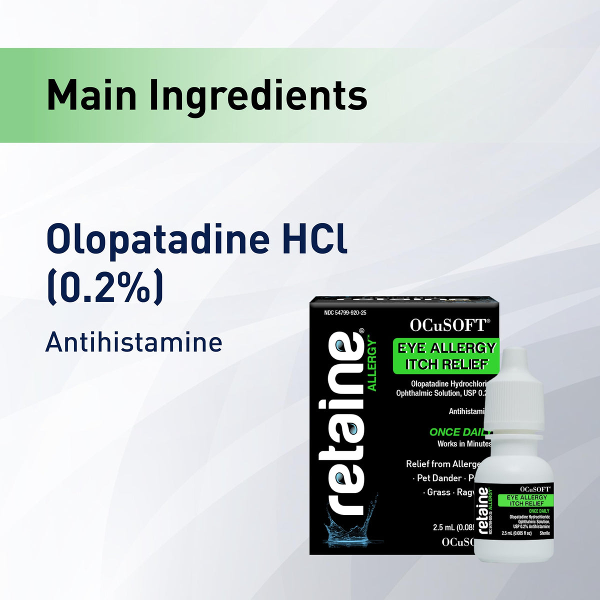 Sterile 2.5ml multi-dose container of OCuSOFT Retaine Allergy eye drops.