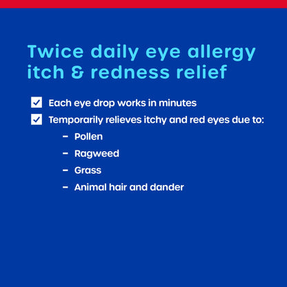 Twice daily eye allergy relief drops container with clear usage instructions