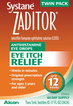 Two five milliliter bottles of Systane Zaditor eye itch relief formula side by side