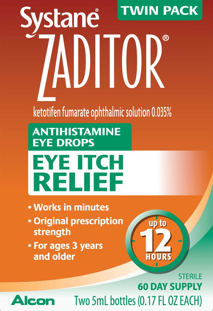 Two five milliliter bottles of Systane Zaditor eye itch relief formula side by side
