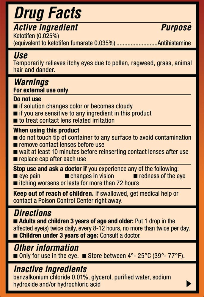 Back label of Alcon Zaditor eye drops displaying drug facts active ingredients and dosage instructions