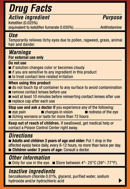Back label of Alcon Zaditor eye drops displaying drug facts active ingredients and dosage instructions