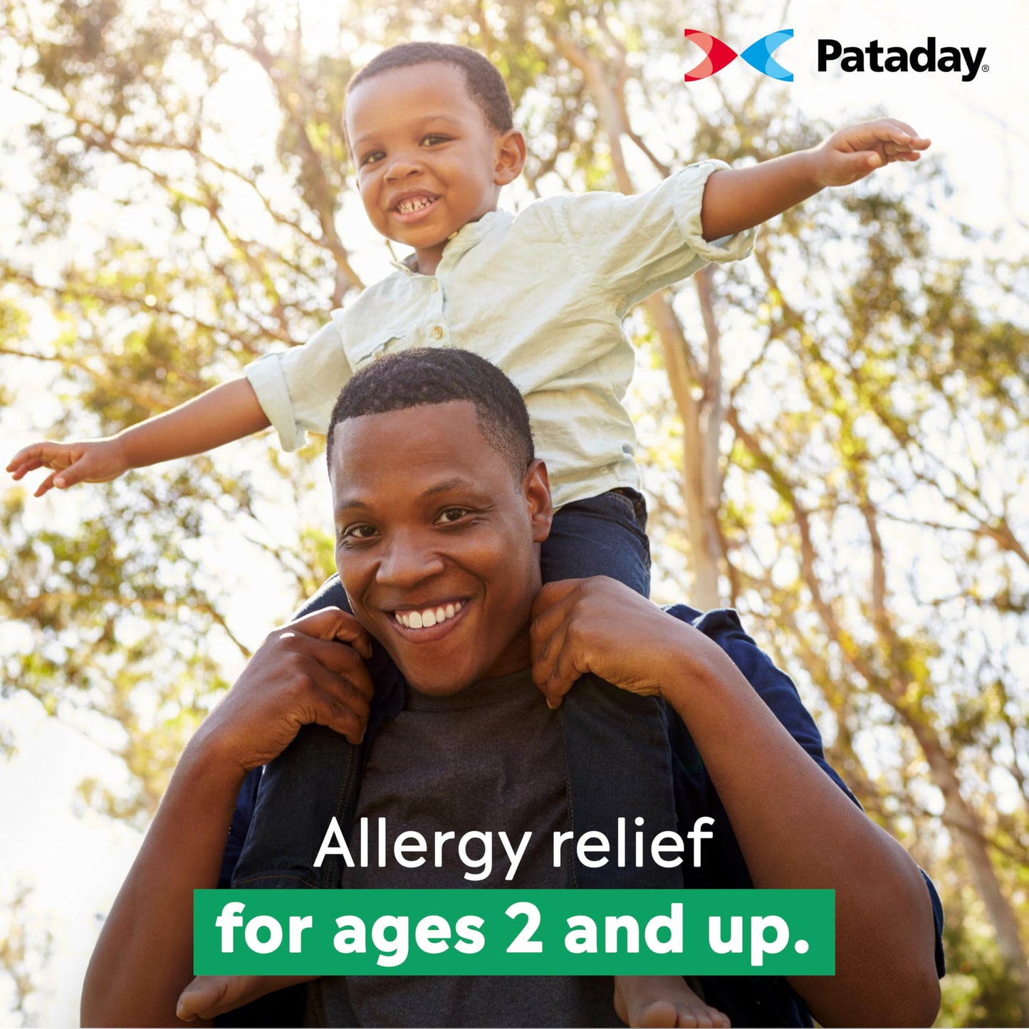 Back panel of Alcon Pataday allergy eye drops with detailed instructions for adult and child use.