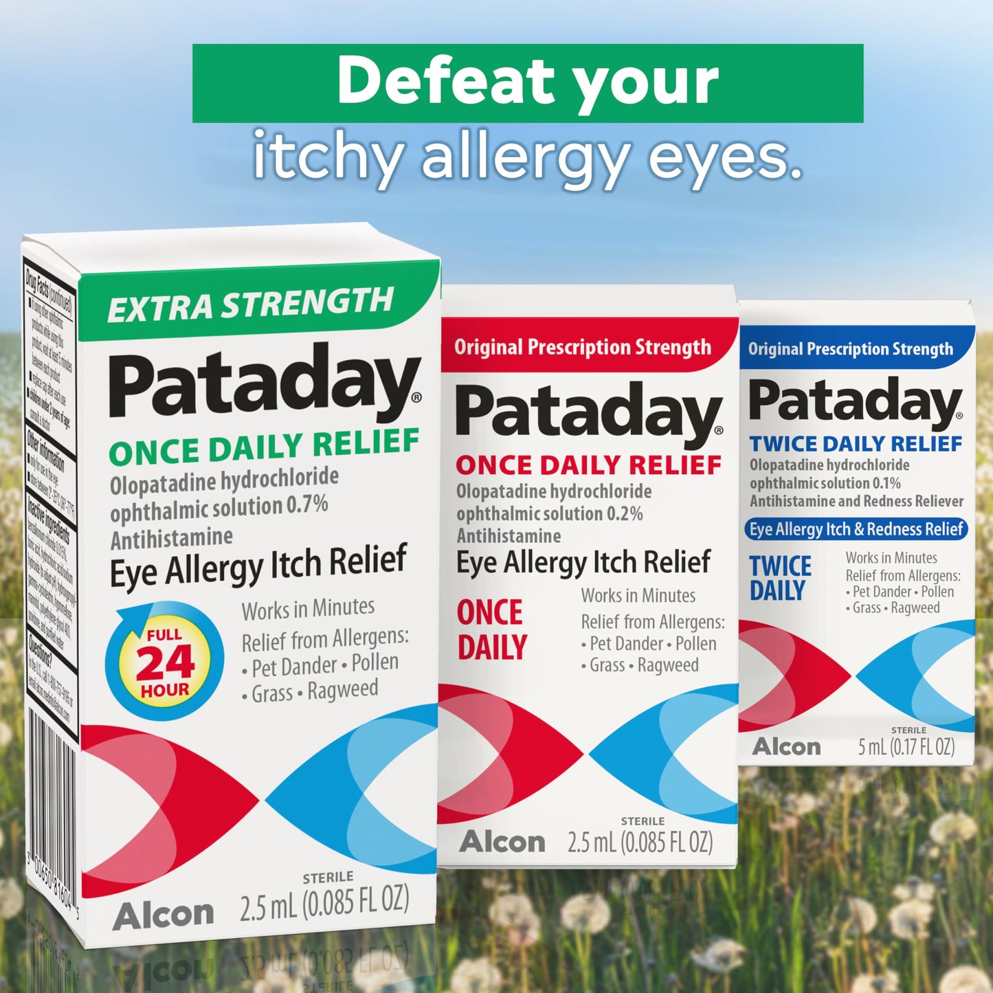 Alcon Pataday once daily allergy drops showing pet dander and pollen protection features.