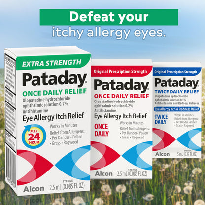 Alcon Pataday once daily allergy drops showing pet dander and pollen protection features.