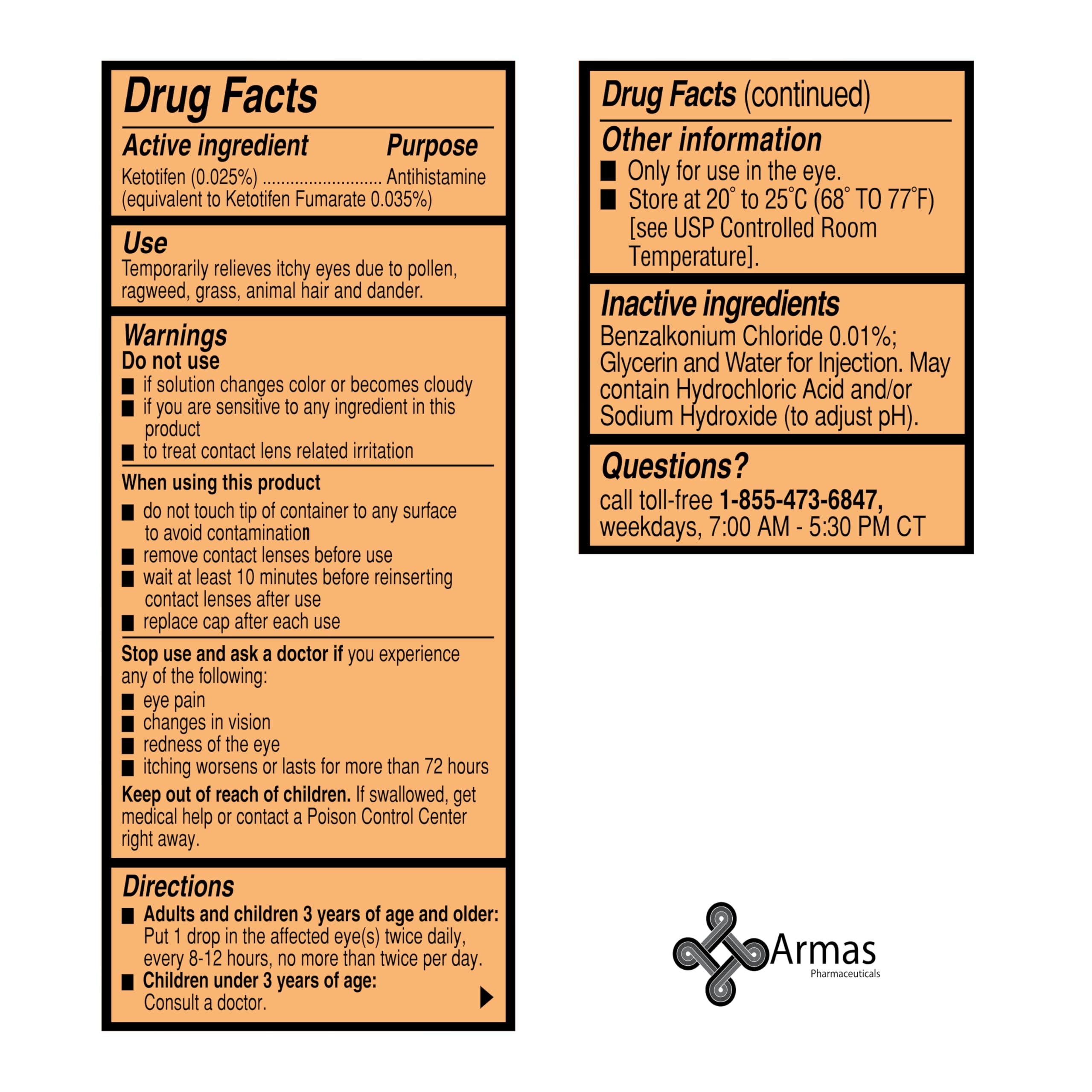 Side view of Armas Ketotifen Antihistamine eye drop bottle highlighting the 12 hour relief claim