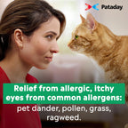Side view of Alcon Pataday allergy eye drops packaging with drug facts information