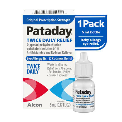 Back panel of Pataday Twice Daily Relief eye drops detailing allergen coverage
