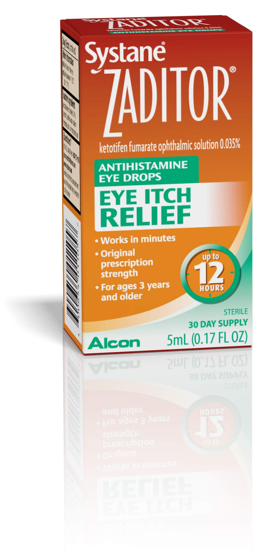 Back packaging label of Zaditor eye drops showing drug facts and ingredients