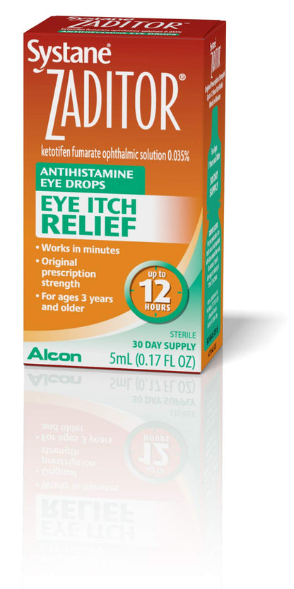 Side view of Zaditor eye allergy relief packaging showing usage directions and warnings