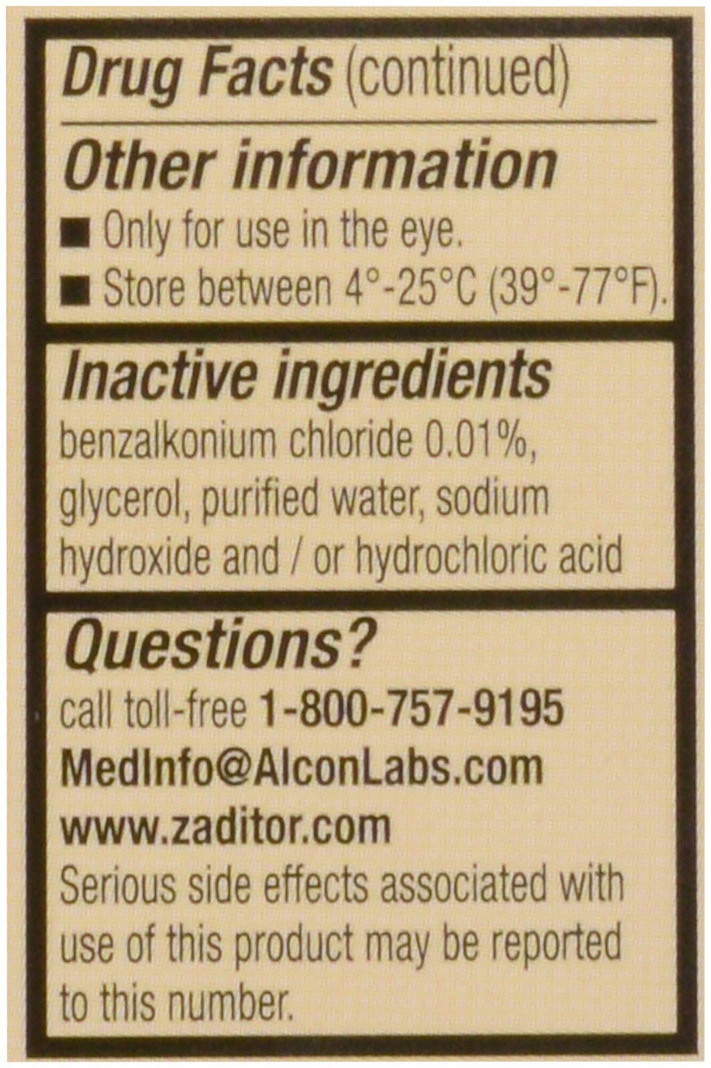 Alcon Zaditor antihistamine solution package contents displaying bottle and consumer leaflet