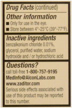 Alcon Zaditor antihistamine solution package contents displaying bottle and consumer leaflet