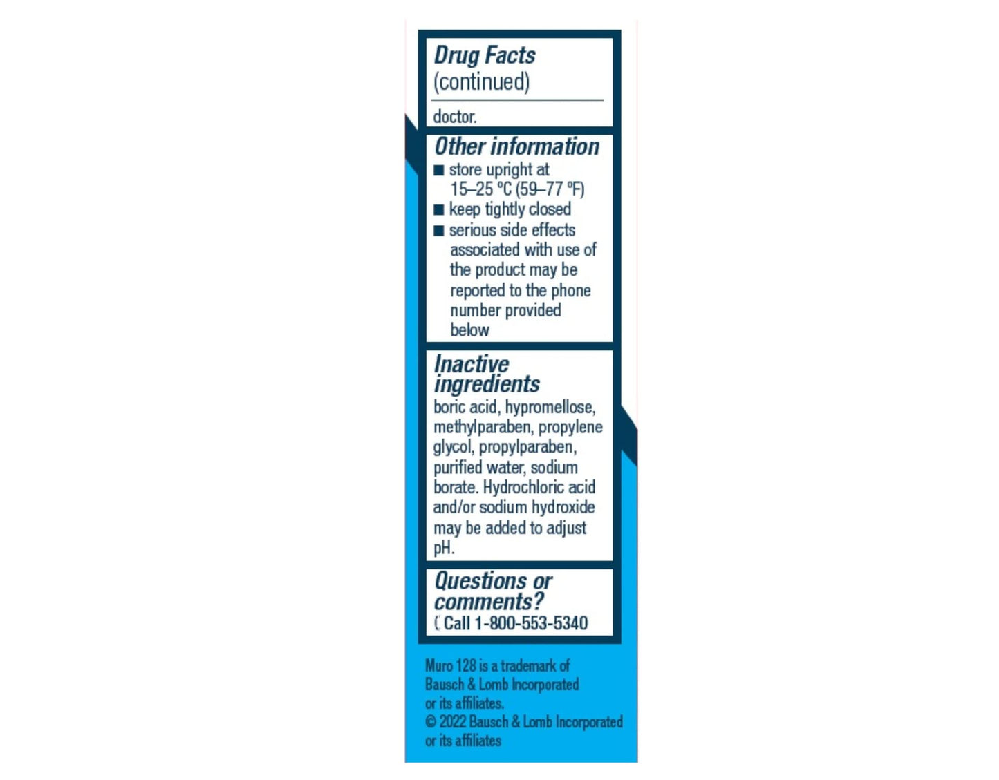 Sterile Muro 128 eye drops half fluid ounce packaging displaying drug facts and active ingredients