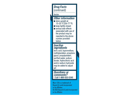 Sterile Muro 128 eye drops half fluid ounce packaging displaying drug facts and active ingredients