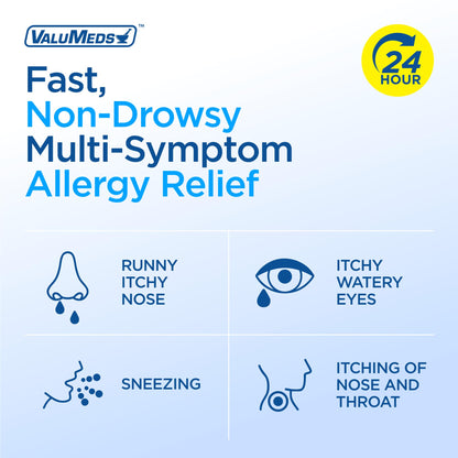 ValuMeds indoor and outdoor allergy relief pills bottle with active ingredient details