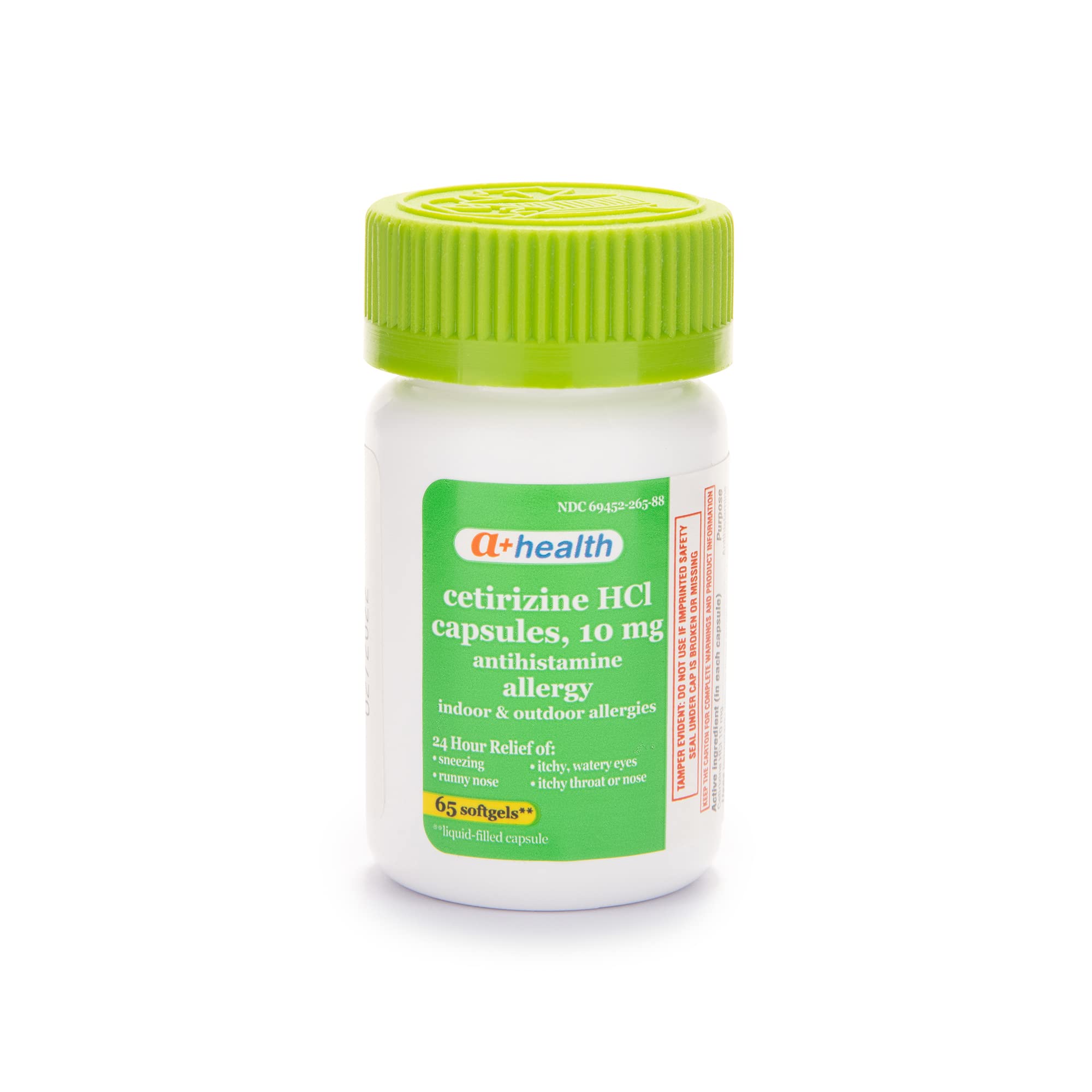 Side view of A+Health allergy relief softgel bottle with detailed drug facts and active ingredient listing
