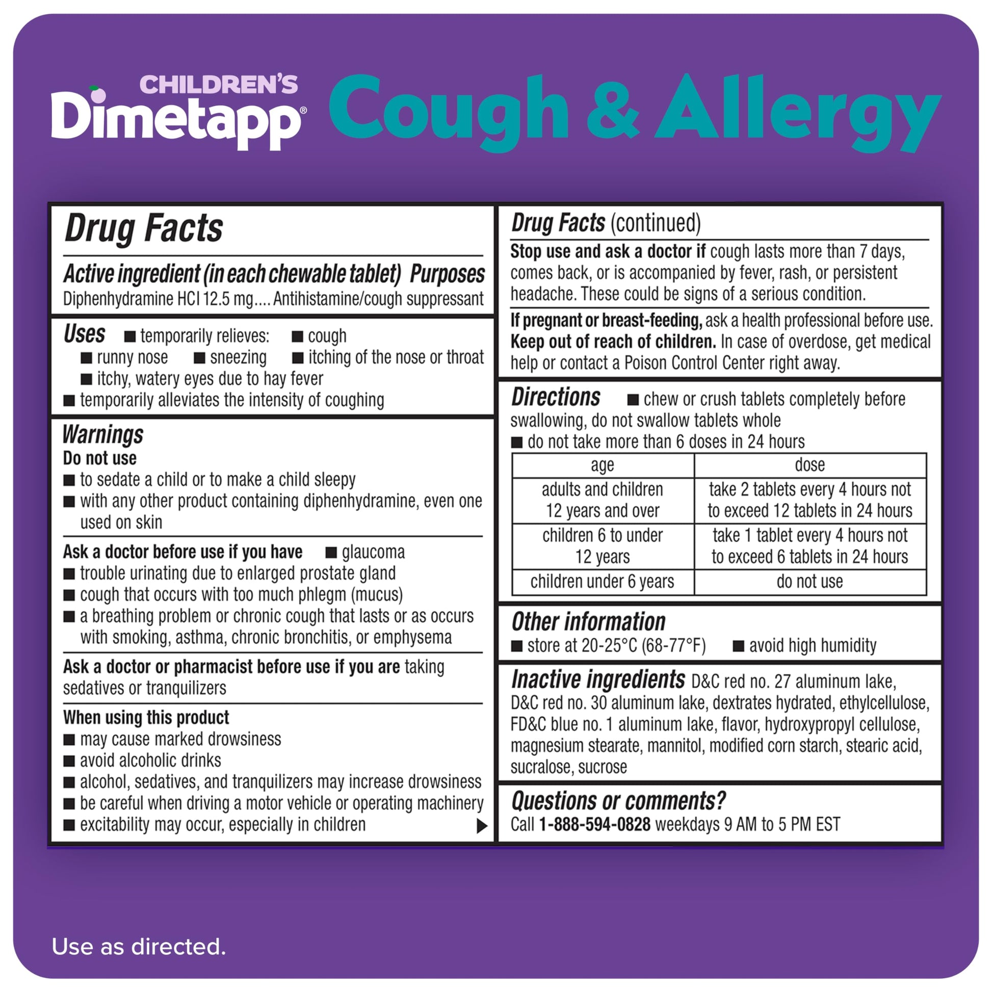 Childrens Dimetapp waterless grape flavored chewable allergy medicine box back