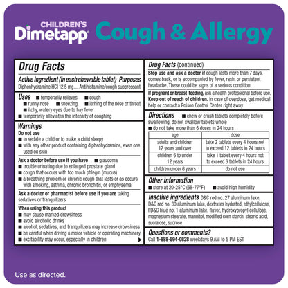 Childrens Dimetapp waterless grape flavored chewable allergy medicine box back