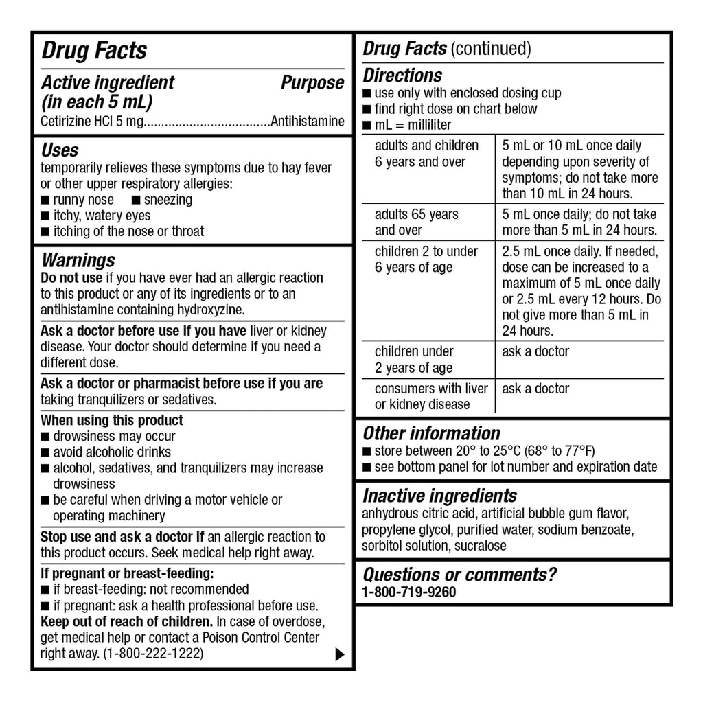 GoodSense children's 24 hour allergy medicine side panel showing directions