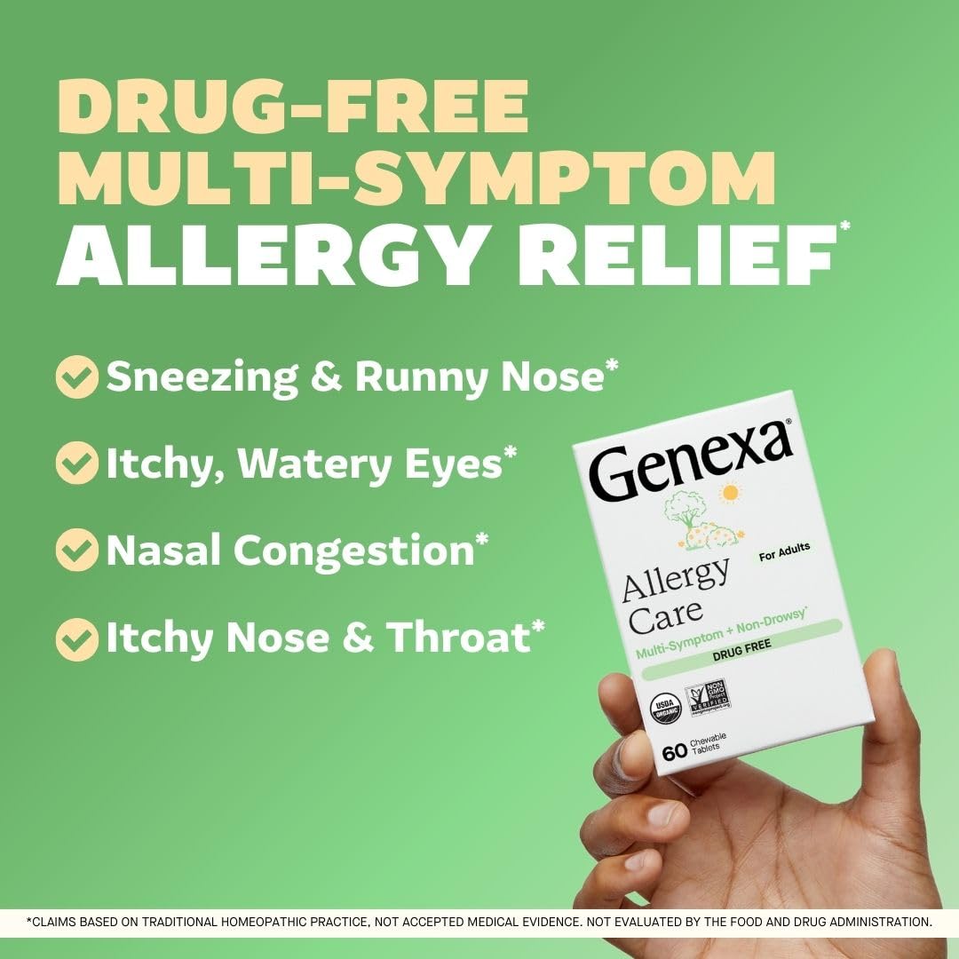 Genexa non drowsy homeopathic allergy medicine showing organic acai berry flavor details.