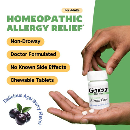 Back label of Genexa adult allergy care displaying certified vegan and non GMO ingredients.