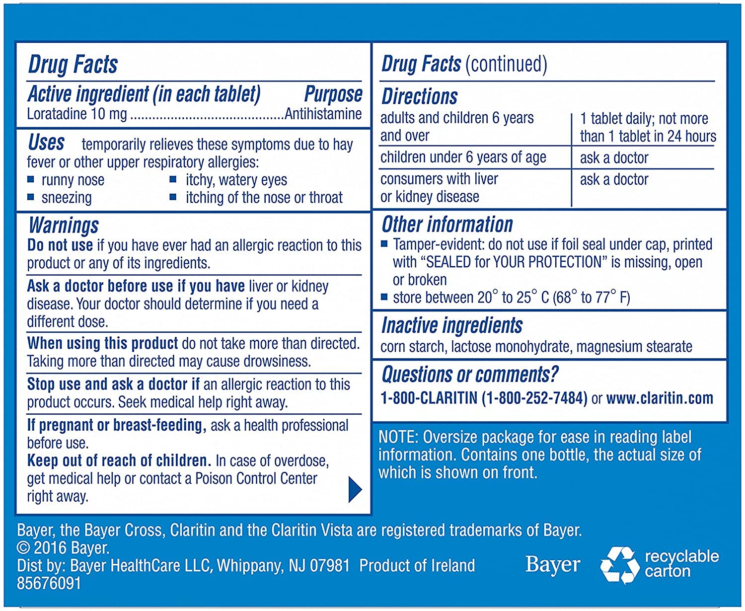 Claritin Loratadine ten milligrams daily allergy relief pills product label and drug facts overview