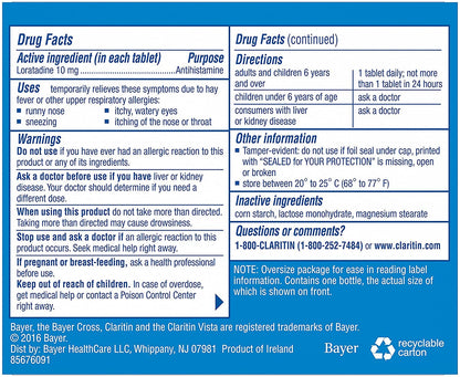 Claritin Loratadine ten milligrams daily allergy relief pills product label and drug facts overview