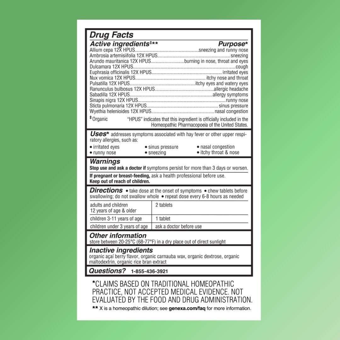 Authentic imported USA Genexa allergy care packaging for multi symptom congestion relief.