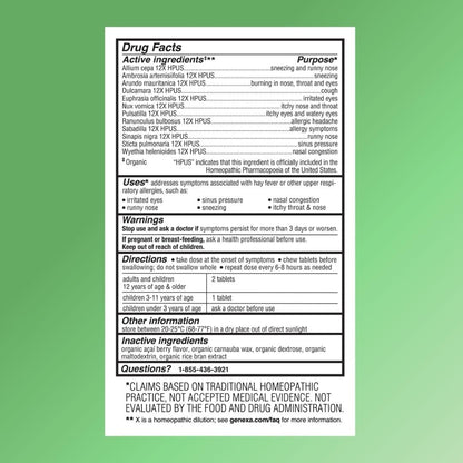 Authentic imported USA Genexa allergy care packaging for multi symptom congestion relief.