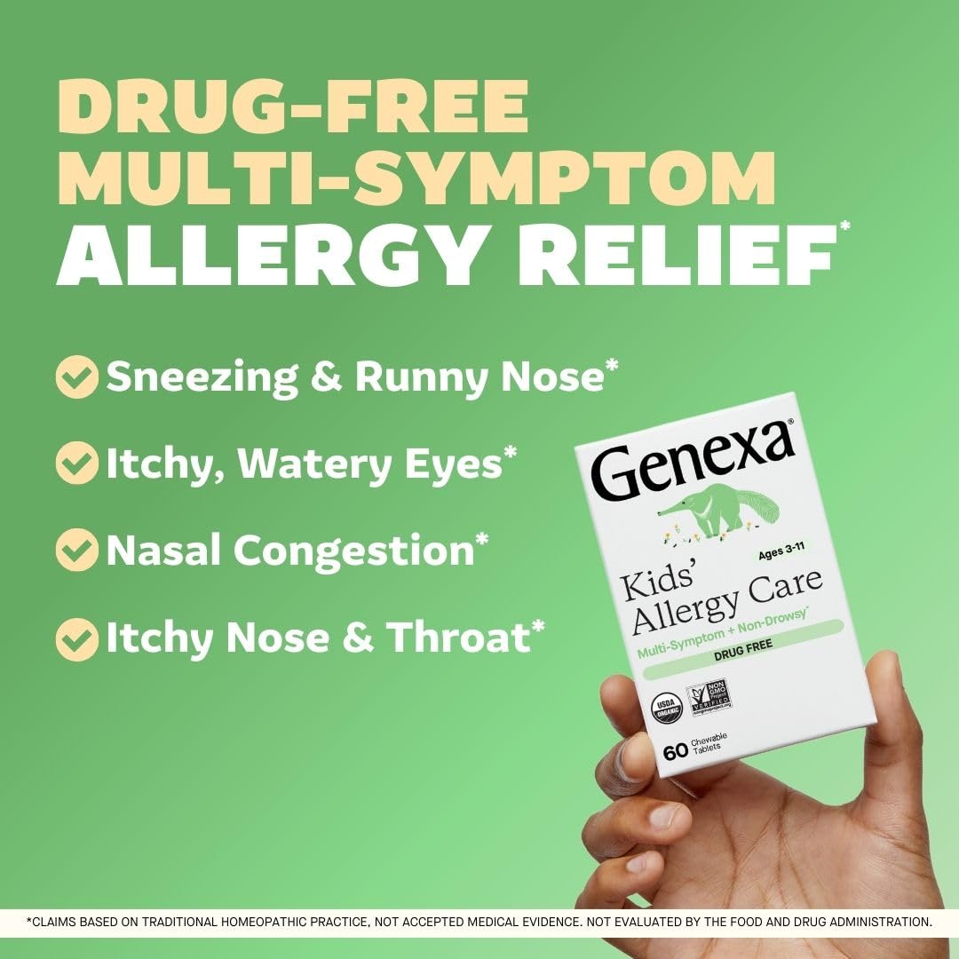 Genexa children non drowsy homeopathic allergy remedy side view showing drug free claims
