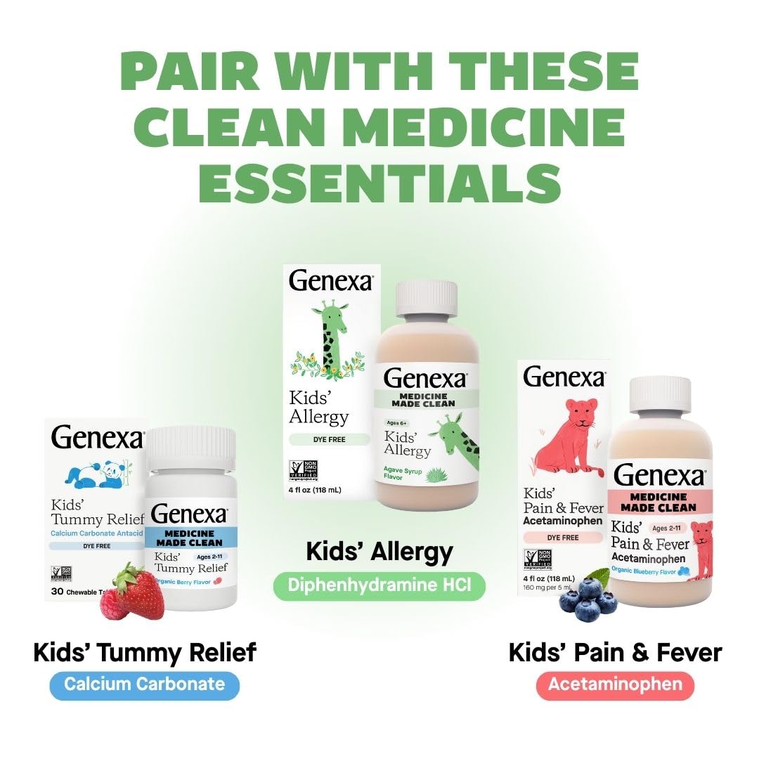 Genexa vegan non GMO kids allergy chewables packaging showing certified clean formula