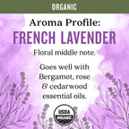 Aura Cacia Organic French Lavender Essential Oil ingredient and certification seals
