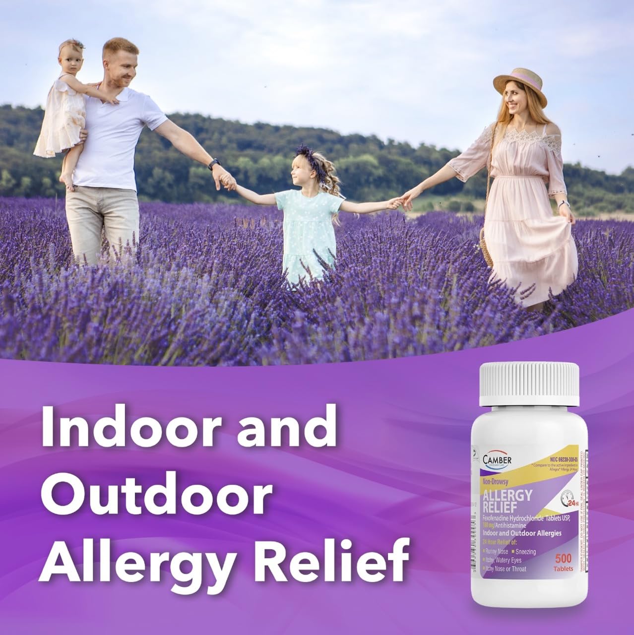 Fexofenadine hydrochloride seasonal allergy relief packaging overview showing dosage strengths