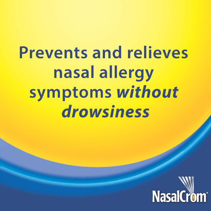 NasalCrom 200 metered sprays bottle showing detailed active ingredients and instructions for indoor allergy relief.