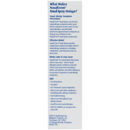 Authentic USA imported NasalCrom packaging illustrating the difference between preventative care and generic antihistamines.
