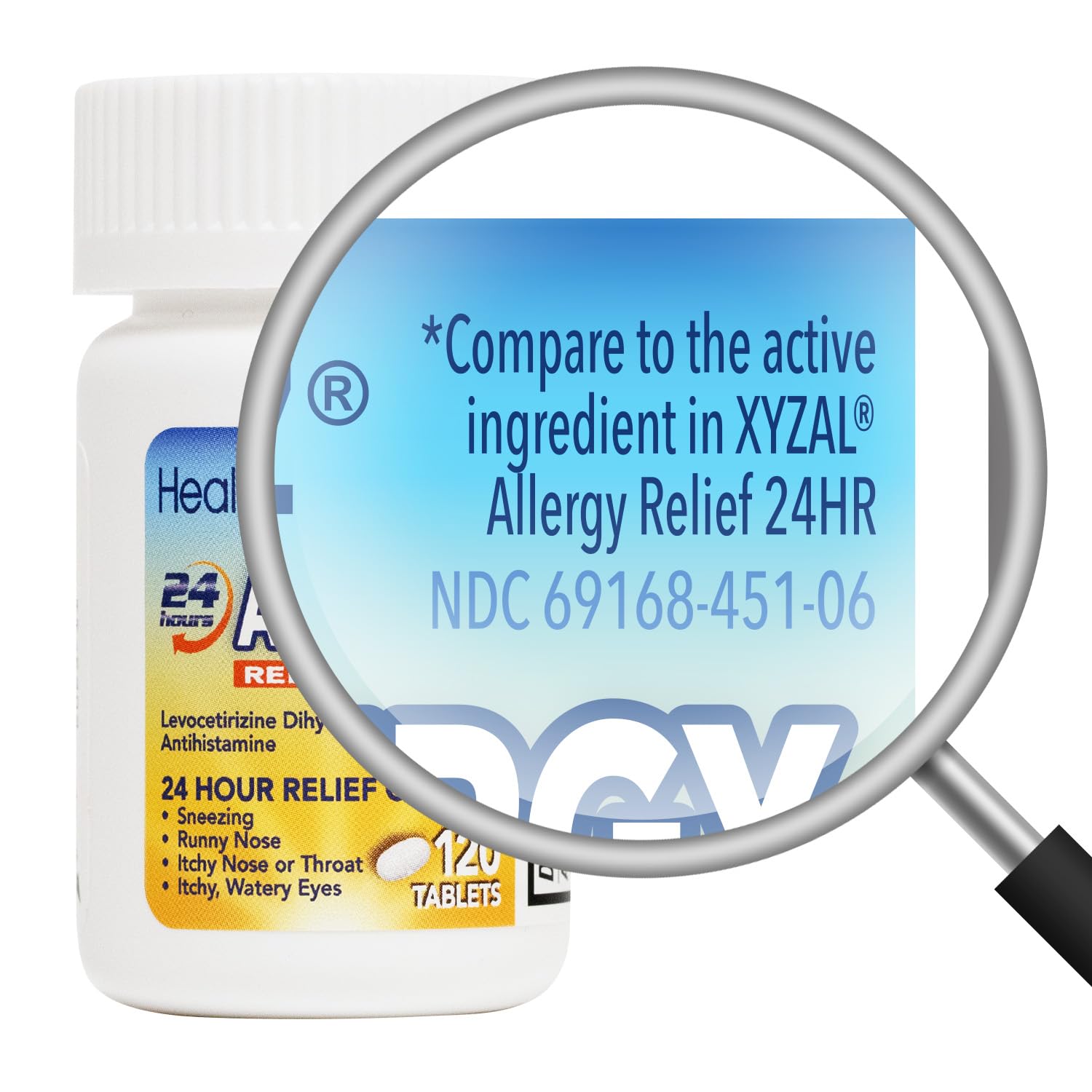 HealthA2Z Levocetirizine Dihydrochloride 5mg packaging highlighting the dye free antihistamine formula label.