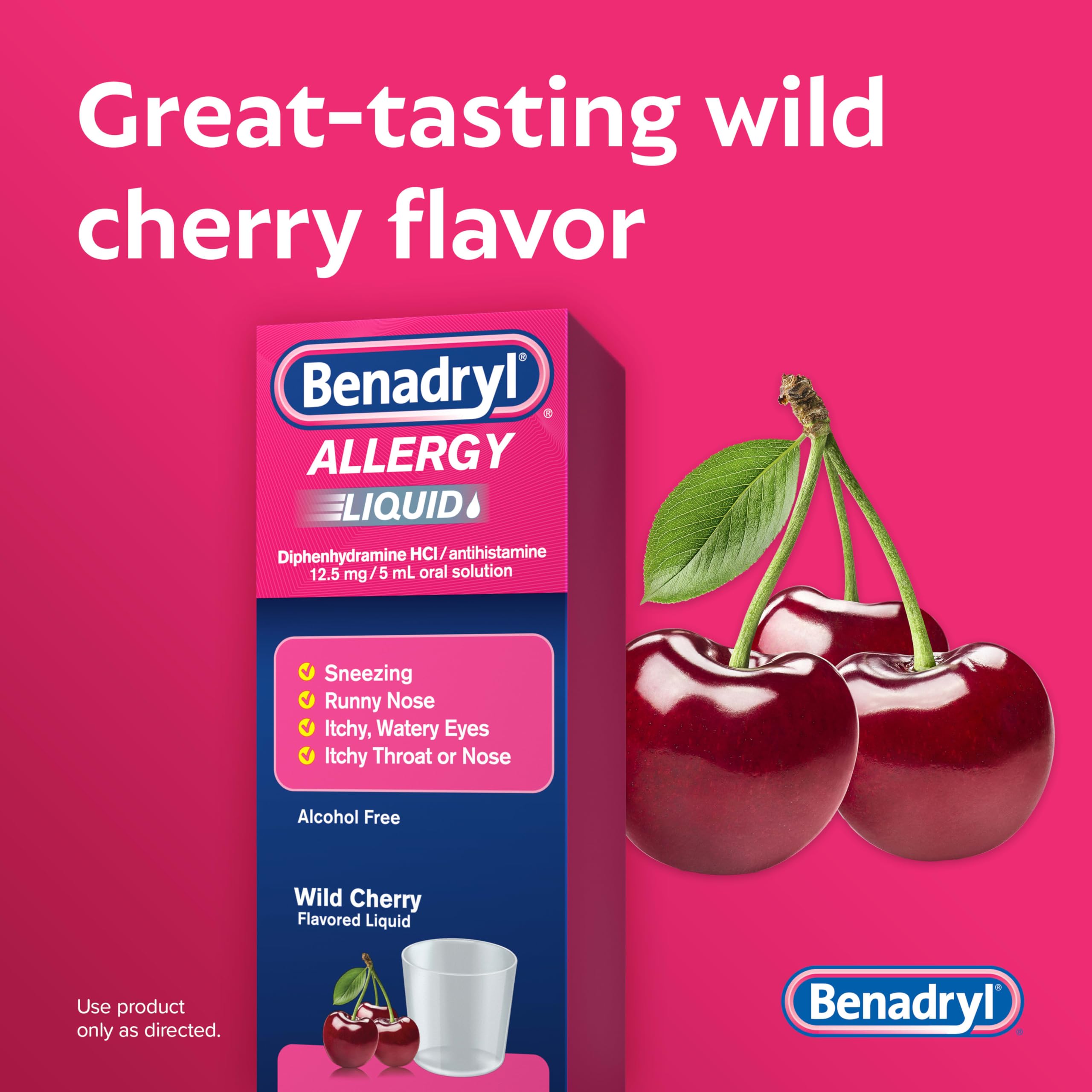 Benadryl Alcohol Free Allergy Liquid Wild Cherry flavor packaging details