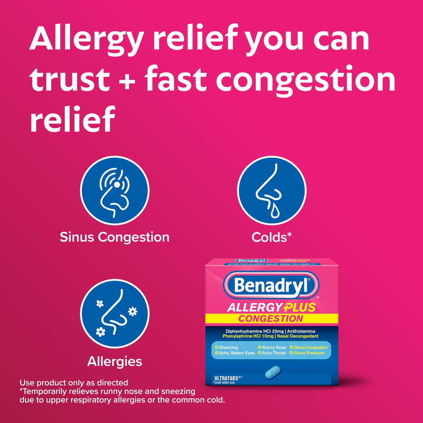 Benadryl antihistamine and nasal decongestant tablets for seasonal allergy control