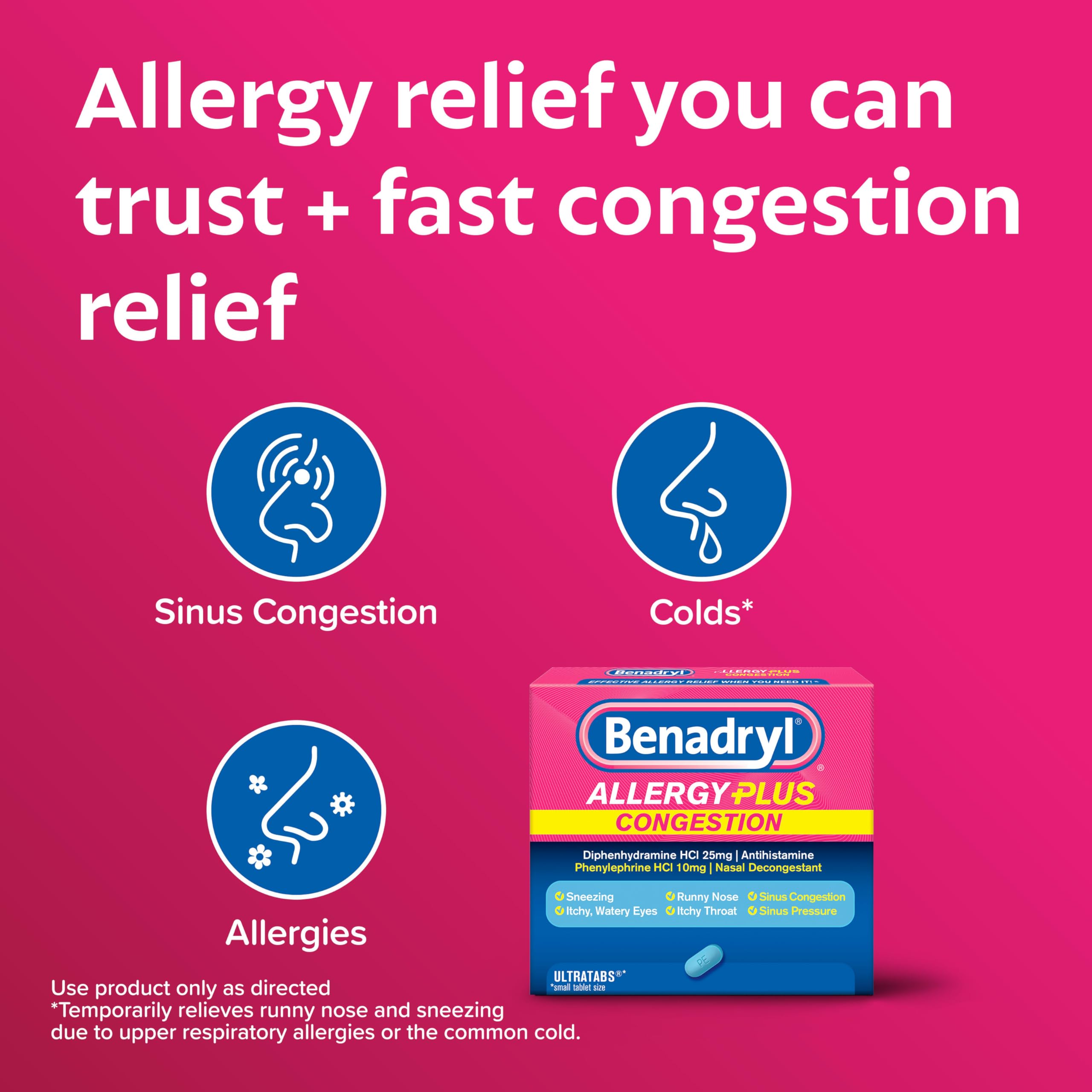 Benadryl antihistamine and nasal decongestant tablets for seasonal allergy control